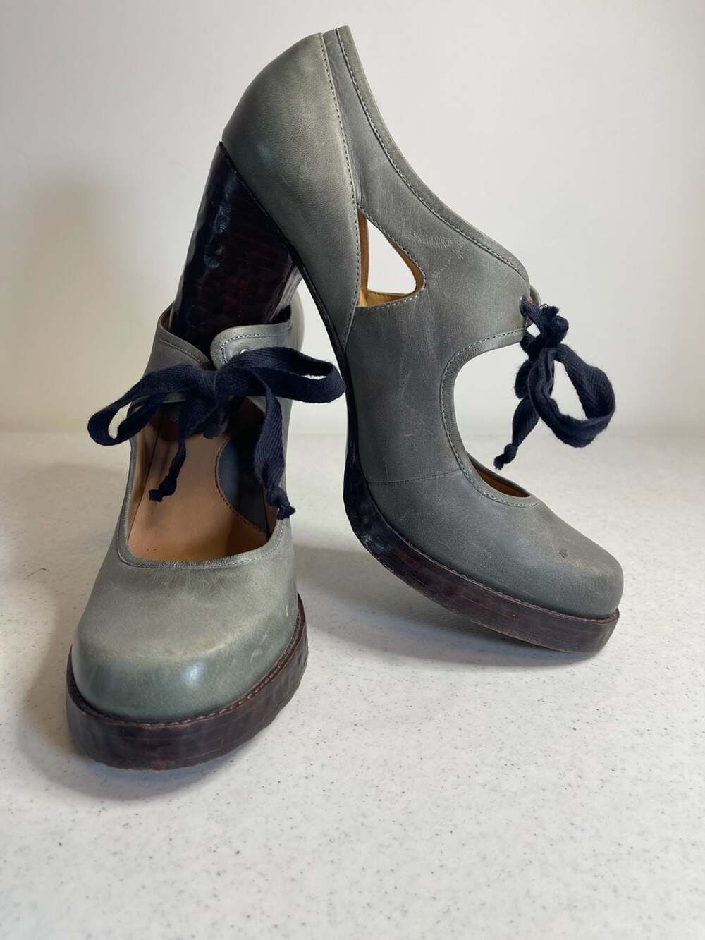 John Fluevog Grey Blue Platform Heels with Cutouts & Lace-up Detail Size 10